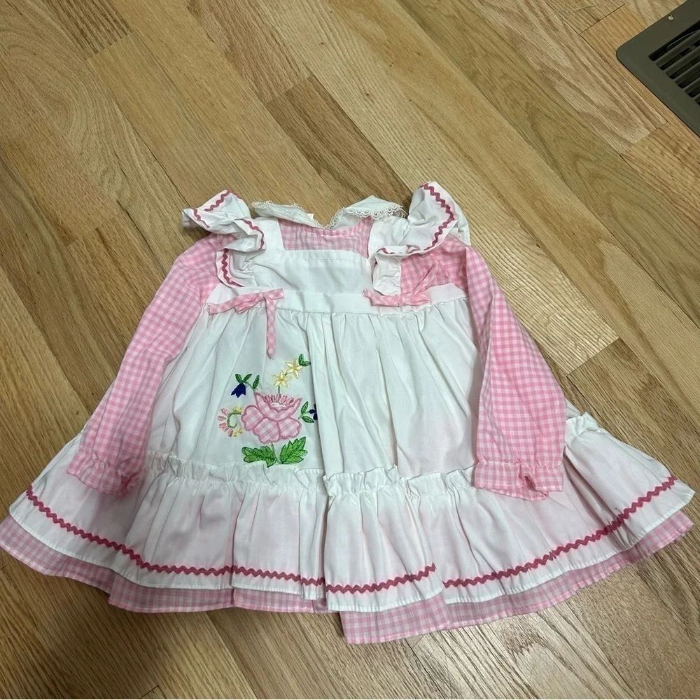 Vintage Smocked Embroidered Dress 12 mos Floral Pink Gingham Long Sleeve